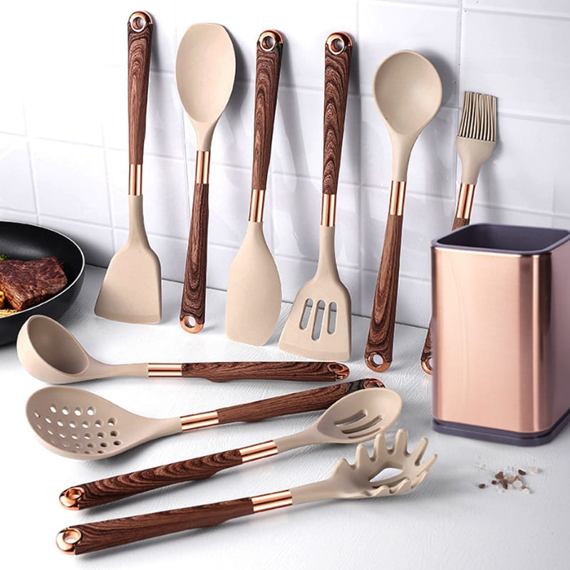 Kit Utensílios de Cozinha Silicone 10 Peças Com Organizador Rosé Polihousi  3