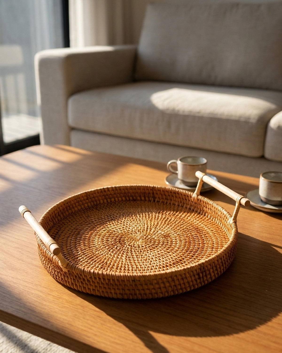 Bandeja Decorativa Redonda de Vime em Rattan Feita a Mão em ambiente (imagem ilustrativa)
