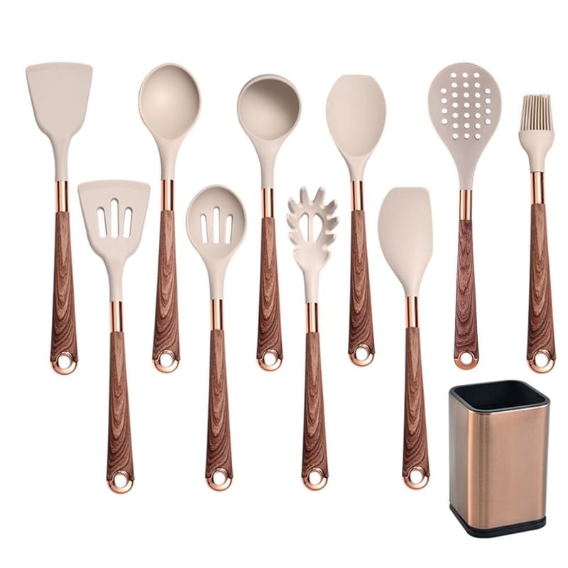 Kit Utensílios de Cozinha Silicone 10 Peças Com Organizador Rosé Polihousi  14