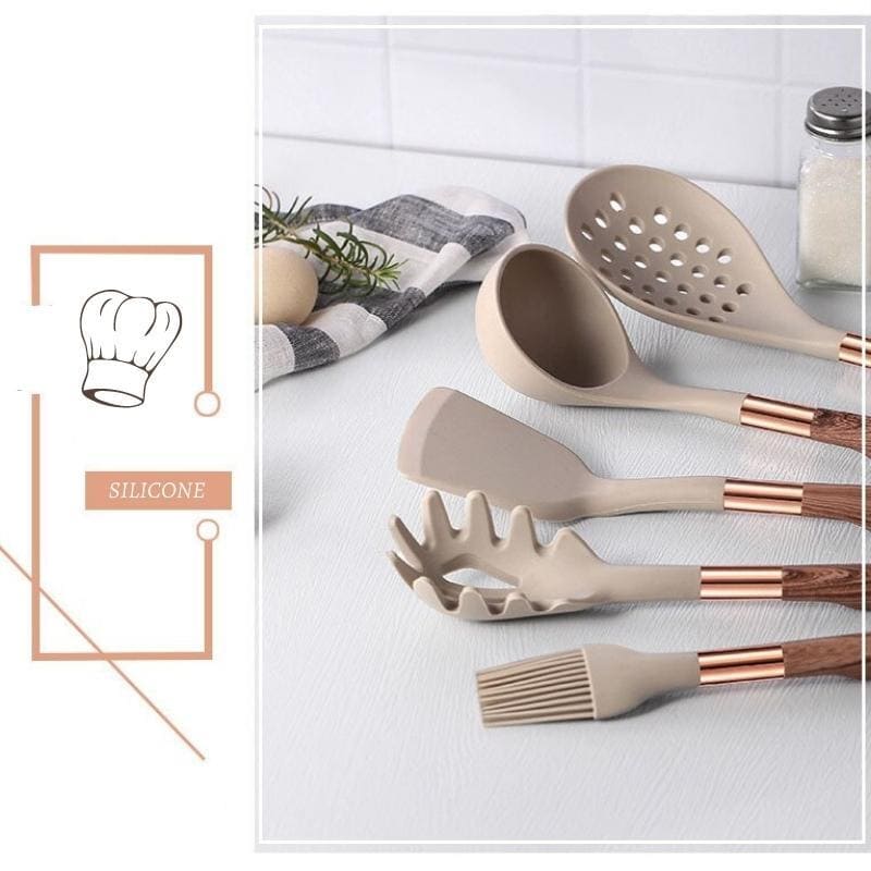 Kit Utensílios de Cozinha Silicone 10 Peças Com Organizador Rosé Polihousi  10
