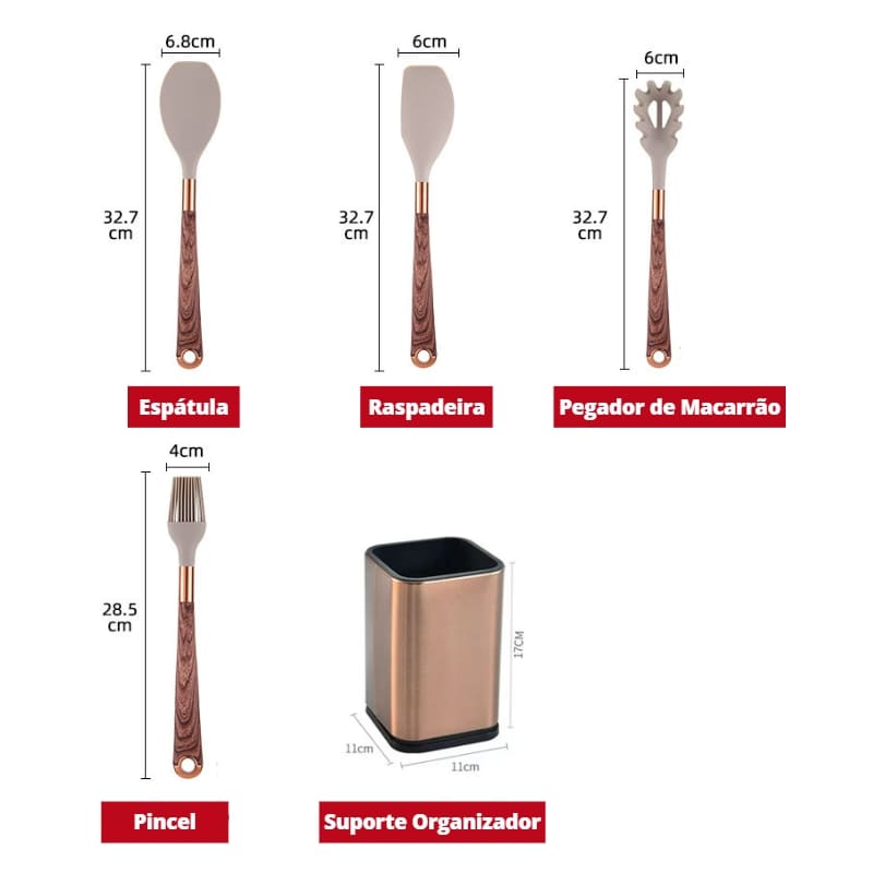 Kit Utensílios de Cozinha Silicone 10 Peças Com Organizador Rosé Polihousi  16